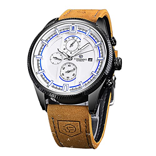 FORSINING Selbstaufziehende mechanische Armbanduhr Herren Echtleder Automatische Skelett Militär Uhr Kalender Uhr Wasserdicht, weiß, Riemen von FORSINING