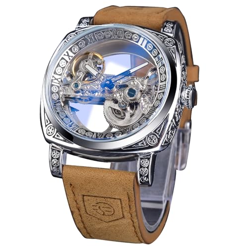 FORSINING Uhren für Mensch, quadratische Retro mechanische Uhr Self-Wind geschnitzt, Skelett automatische Uhren Vintage Lederarmband Armbanduhr von FORSINING
