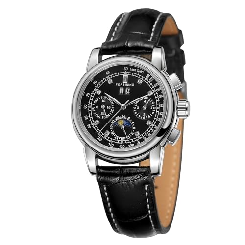 FORSINING Wasserdichte automatische Business-Armbanduhr für Damen, Kalender, selbstaufziehend, Edelstahl, Mondphasen-Armbanduhr, Schwarz, Schwarz , Armband FORSINING Wasserdichte automatische Business-Armbanduhr für Damen, Kalender, selbstaufziehend, Edelstahl, Mondphasen-Armbanduhr, Schwarz, Schwarz , Armband von FORSINING