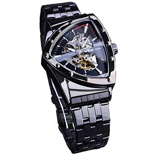 FORSINING Mechanische Herrenuhr, dreieckig, goldfarben, silberfarben, schwarzes Zifferblatt, Skelett, luxuriös, selbstaufziehend, wasserdicht, leuchtend, Schwarz , Armband von FORSINING