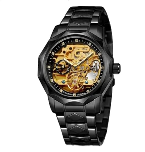 Forsining 199A Luxus Design Skelett Transparent Golden Edelstahl Herren Automatische Mechanische Männliche Uhr Begrenzt, Schwarz von FORSINING
