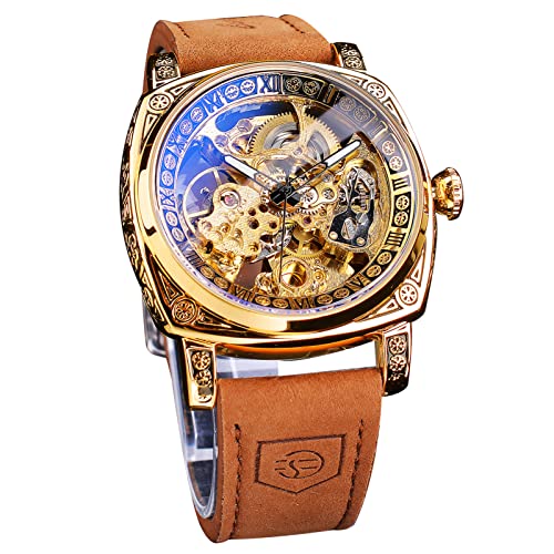 Forsining Automatische Armbanduhr für Herren, transparent, goldfarben, Skelett, mechanische Armbanduhr, wasserdicht, Business-Mode, selbstaufziehende Uhren, gold, Riemen von FORSINING