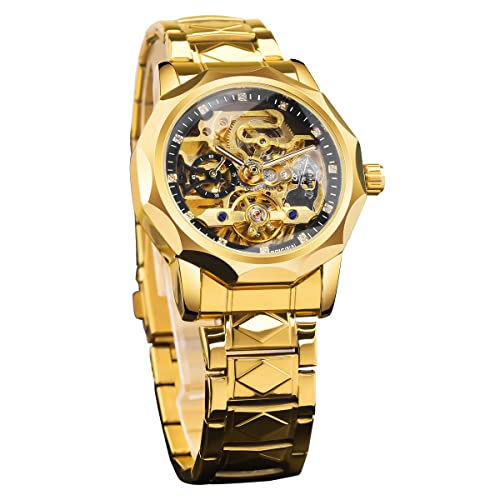 FORSINING Herren Automatikuhr Mechanische Skelett Tourbillon Uhren Mode Business Wasserdichte Armbanduhr Luxus Diamant Zifferblatt, gold, Armband von FORSINING