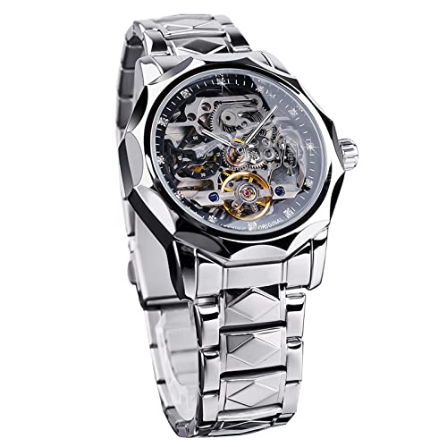 Forsining Automatische Herren-Armbanduhr, mechanische Skelett-Tourbillon-Uhren, modisch, Business, wasserdicht, luxuriöses Diamant-Zifferblatt, silber, Armband von FORSINING