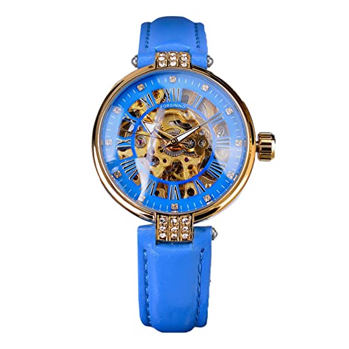 Forsining Damen Automatische mechanische Armbanduhr Mode Damen Armbanduhr mit Diamanten Lederarmband Luxus Business Kleid Dame Geschenk, blau von FORSINING