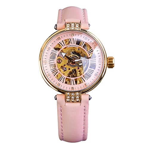 Forsining Damen Automatische mechanische Armbanduhr Mode Damen Armbanduhr mit Diamanten Lederarmband Luxus Business Kleid Dame Geschenk, rose von FORSINING