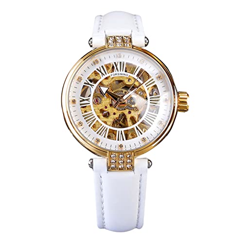 Forsining Damen Automatische mechanische Armbanduhr Mode Damen Armbanduhr mit Diamanten Lederarmband Luxus Business Kleid Dame Geschenk, weiß von FORSINING
