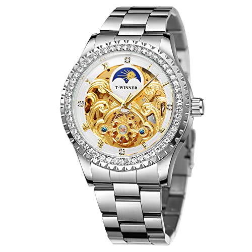 Forsining Herren-Armbanduhr Mondphase mechanische Uhr wasserdicht Diamant-Dekoration Edelstahl von FORSINING