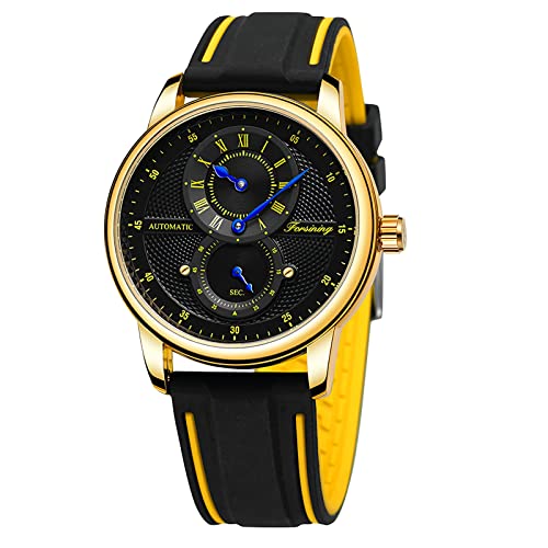 FORSINING Herren-Armbanduhr, automatisch, mechanisch, selbstaufziehend, Sport-Chronograph, Silikon-Armbanduhr für Herren, Mode, Business, wasserdicht, Yellow Black, Riemen von FORSINING