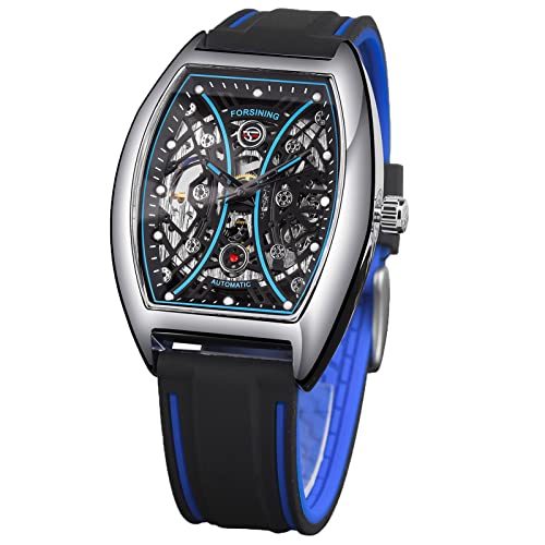Forsining Herren-Armbanduhr, rechteckig, mechanisch, automatisch, modisch, Skelett, Vintage-Steampunk-Uhr, Silikonband, blau, Riemen von FORSINING