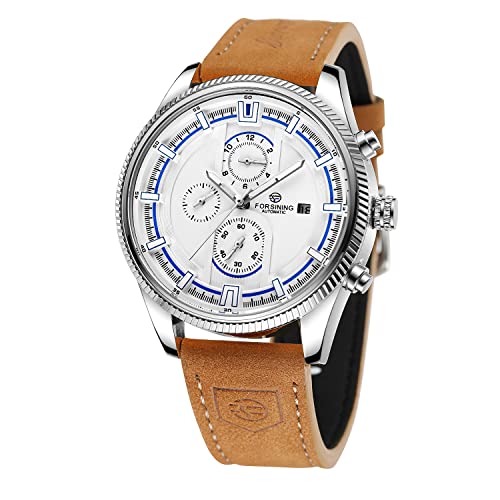 FORSINING Herren Automatische Tourbillon Wasserdichte Kalender mit braunem Lederband Armbanduhr, Weiß und Braun, Casual von FORSINING