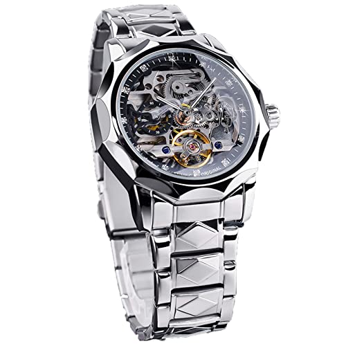 Forsining Herren Skelett Mechanische Uhr Automatik Tourbillion Selbstaufziehende Armbanduhr Edelstahl Armbänder Retro Luxus Kleid, silber von FORSINING