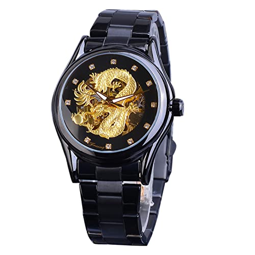 Forsining Herrenuhren, modische mechanische automatische Armbanduhr für Herren, luxuriös, Diamant, Skelett, Drachen-Design, wasserdicht, Edelstahl, Schwarz / goldfarben von FORSINING