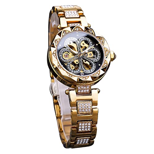 Forsining Modische Damenuhr Skelett Blumen Design Luxus Diamant Armbanduhr für Party Edelstahl Armbänder Mechanisch Automatik, goldfarben von FORSINING