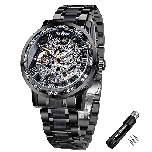 Winner Retro Manuelle Mechanische Skelettuhr mit Diamant und Schnitzerei Blume Handwerk Männer Skelett Armbanduhr Mechanische Klassische Römische Zahl, Schwarz / silberfarben, Mechanisch Winner Retro Manuelle Mechanische Skelettuhr mit Diamant und Schnitzerei Blume Handwerk Männer Skelett Armbanduhr Mechanische Klassische Römische Zahl, Schwarz / silberfarben, Mechanisch von FORSINING