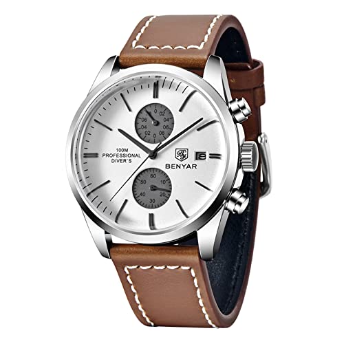 Herren Analog Quarz Armbanduhr mit Echtleder Armband Sport Chronograph Herren Casual Armbanduhr Kalender Datum Wasserdicht, Silberbraun Herren Analog Quarz Armbanduhr mit Echtleder Armband Sport Chronograph Herren Casual Armbanduhr Kalender Datum Wasserdicht, Silberbraun von FORSINING