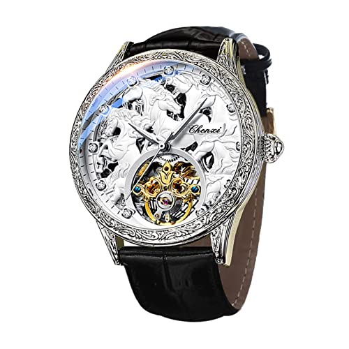 Herren-Armbanduhr, Automatisch, selbstaufziehend, Skelett-Armbanduhr mit echtem Lederband, luxuriöses Diamant-Zifferblatt, mechanische Business-Armbanduhr, silber, Riemen von FORSINING