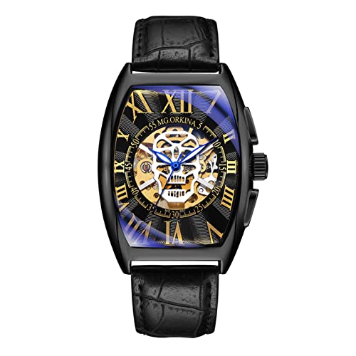 Herren-Armbanduhr, modisches Totenkopf-Design, automatische mechanische Herrenuhr, wasserdichtes Lederband, Skelett, quadratisches Zifferblatt, Armbanduhr, Schwarz , Riemen von FORSINING