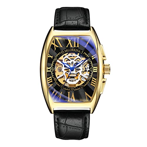 Herren-Armbanduhr, modisches Totenkopf-Design, automatische mechanische Herrenuhr, wasserdichtes Lederband, Skelett, quadratisches Zifferblatt, Armbanduhr, schwarz / goldfarben, Riemen von FORSINING