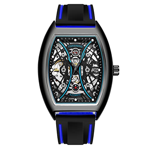 FORSINING Herren Automatik Skelett Tonneau Wasserdicht Sportuhr Silikonband Mechanische Uhr für Männer, Blau2, Mechanisch von FORSINING