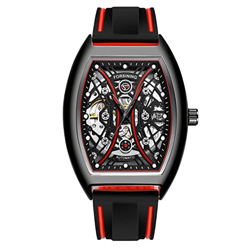 FORSINING Herren Automatische Skelett Tonneau wasserdichte Sportuhr Silikonband mechanische Uhr für Herren, rot (2), Mechanisch von FORSINING