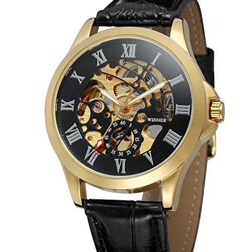 Herren Automatik Uhr Classic Schwarz Leder Skelett Analog Handgelenk Uhren wrg8146 m3 von FORSINING