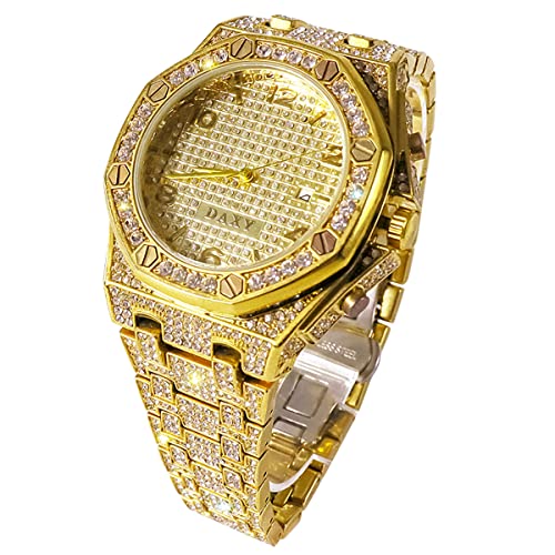 Herren-Quarz-Armbanduhr, modisch, analog, klassisches Display, luxuriös, Diamant, großes Zifferblatt, wasserdicht, Edelstahl-Armbanduhren, gold, Armband von FORSINING