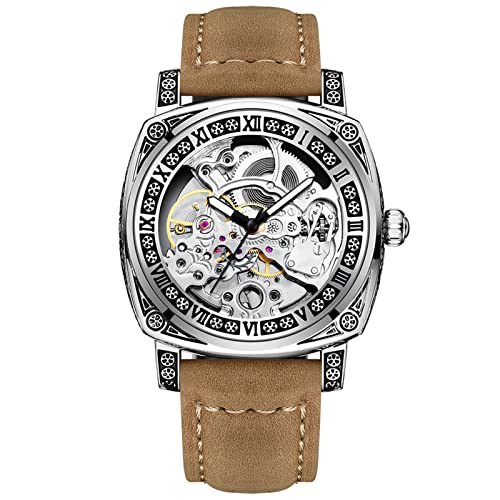 Herren-Skelett-Armbanduhr, selbstaufziehend, mechanisch, großes Zifferblatt, Armbanduhr für Herren, echtes Leder, automatische Business-Uhren, braun, Riemen von FORSINING