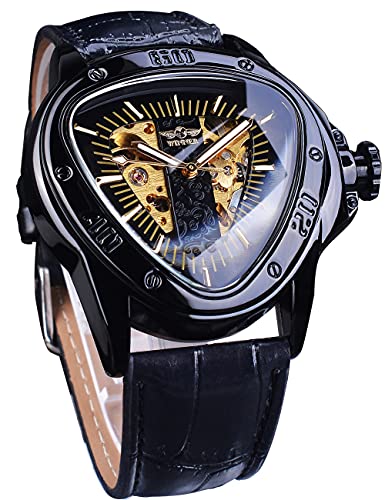 Winner Fashion Mechanische Armbanduhr für Herren, dreieckiges Rennsportzifferblatt, wasserdicht, goldenes Skelettzifferblatt, automatisches Uhrwerk, Lederdesign, Schwarz_1 von FORSINING