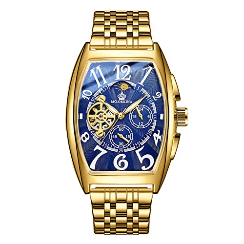 FORSINING Mode Männer Rechteckige Uhren Tourbillon Automatische Edelstahl Uhr Wasserdicht Casual Business Mechanische Armbanduhr, Goldfarben/Blau, Armband von FORSINING