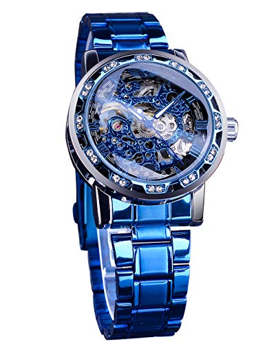Retro Steampunk Skelett Automatik Diamant Royal Carving Herren Uhren Elegante Mechanische Armbanduhr Neutral Uhr, Blau, Retro von FORSINING