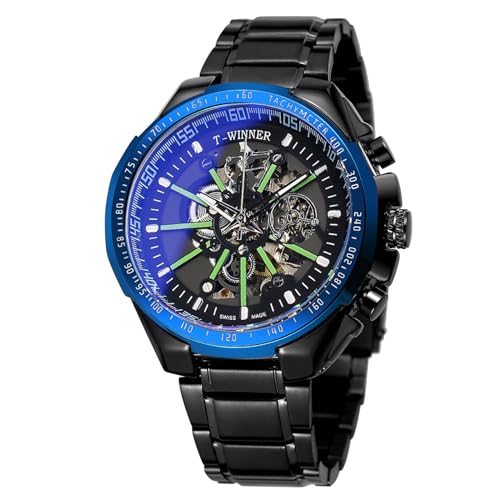 Schwarze mechanische Skelett-Armbanduhr für Herren, luxuriös, großes Zifferblatt, Edelstahl, Steampunk-Automatik, selbstaufziehende Uhren, Schwarz von FORSINING