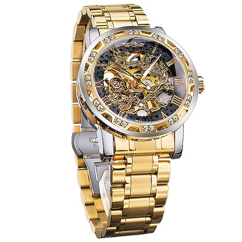 Winner Retro Manuelle Mechanische Skelettuhr mit Diamant und Schnitzerei Blume Handwerk Männer Skelett Armbanduhr Mechanische Klassische Römische Zahl, Gold1, Mechanisch von FORSINING