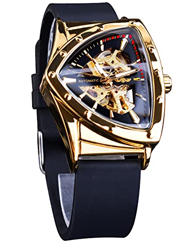 FORSINING Dreieckige mechanische Armbanduhr mit goldfarbenem Schild, übergroßes, vollständig ausgehöhltes Zifferblatt-Design, automatisches Uhrwerk, 20 mm breites, weiches Silikonband von FORSINING