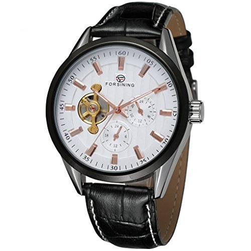 fsg293 m3t1 Automatische Herren Armbanduhr mit Schwarz Echtes Leder Gurt Geschenk-Box von FORSINING