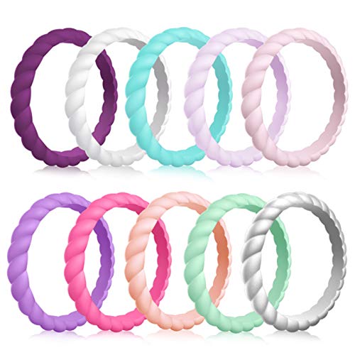 Forthee 10 Stück Frauen Silikon Hochzeit Ringe Dünn Geflochten Mode Bunt Bequeme Passform Hautsicher, 4(15.3mm), Gummi, Silikon, Kein Edelstein von FORTHEE