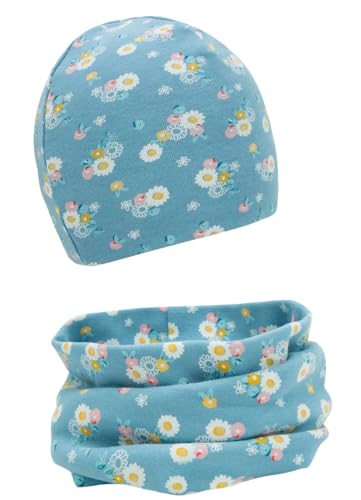 FORUHOO Baby Mädchen Beanie Mütze + Schlauchschal 2er Set, Wintermütze für Jungen Mädchen Baumwolle(Blau Daisy,37-43) von FORUHOO