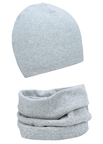 FORUHOO Baby Mädchen Beanie Mütze + Schlauchschal 2er Set, Wintermütze für Jungen Mädchen Baumwolle(Hellgrau Set, 6-24 Monate) von FORUHOO