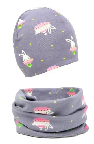 FORUHOO Baby Mädchen Beanie Mütze + Schlauchschal 2er Set, Wintermütze für Jungen Mädchen Baumwolle(Lila Hase,49-53) von FORUHOO