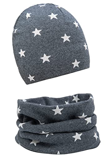 FORUHOO Baby Mädchen Beanie Mütze + Schlauchschal 2er Set, Wintermütze für Jungen Mädchen Baumwolle(Stern Grau,44-48) von FORUHOO