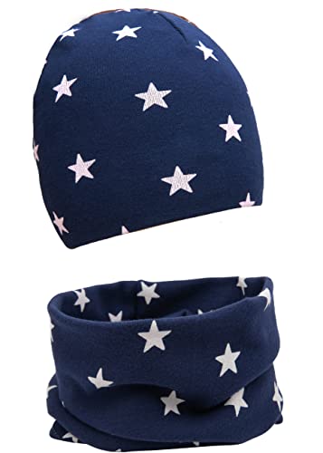 FORUHOO Baby Mädchen Beanie Mütze + Schlauchschal 2er Set, Wintermütze für Jungen Mädchen Baumwolle(Stern Marineblau,44-48) von FORUHOO