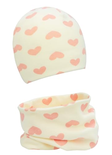 FORUHOO Baby Mädchen Beanie Mütze + Schlauchschal 2er Set, Wintermütze für Jungen Mädchen Baumwolle(Weiß Herz,37-43) von FORUHOO