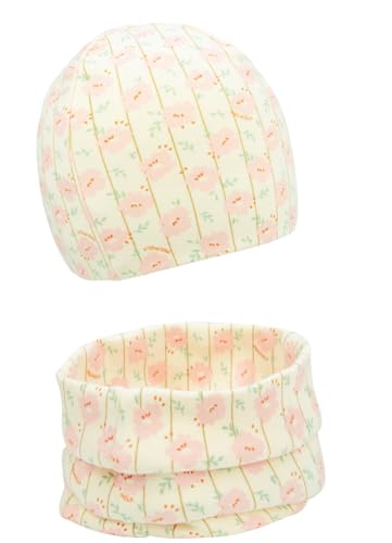 FORUHOO Baby Mädchen Beanie Mütze + Schlauchschal 2er Set, Wintermütze für Jungen Mädchen Baumwolle(Weiß Kirschblüte,44-48) von FORUHOO