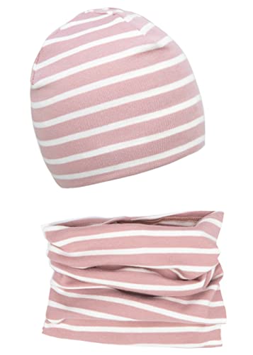 Foruhoo Baby Mädchen Beanie Mütze + Schlauchschal 2er Set, Wintermütze für Jungen Mädchen Baumwolle (43S und 0-6 Monate, Baumwolle Set: Rosa Streifen) von Foruhoo