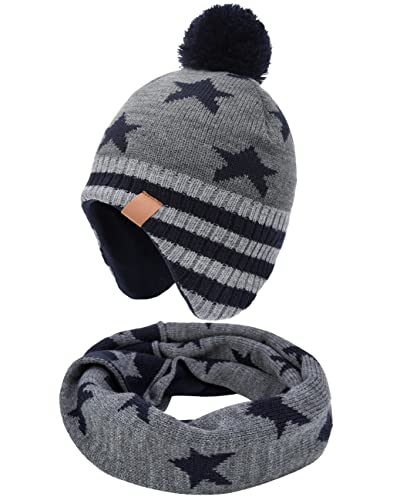 FORUHOO Jungen Wintermütze Beanie Hut, Mädchen Strickmütze Mütze mit Bommel(Grau Stern Set,53) von FORUHOO