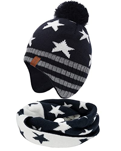 FORUHOO Jungen Wintermütze Beanie Hut, Mädchen Strickmütze Mütze mit Bommel(Marineblau Set,51) von FORUHOO