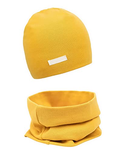 FORUHOO Mädchen Mütze Set mit Schal Kinder Beanie für Herbst Winter Baumwolle 2er(Set: Gelb,44-48) von FORUHOO