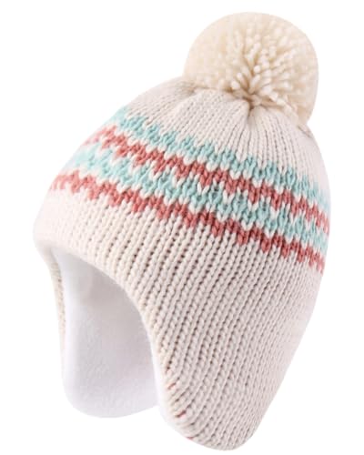 FORUHOO Mädchen Wintermütze Baby Strickmütze Jungen Beanie Warm Mütze mit Ohrenklappen(Streifen Weiß,50) von FORUHOO