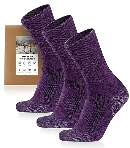 FORVEVO 3 Paar Merino Wandersocken Damen 35-38 Lila, 60% Merinowolle Socken Damen Atmungsaktiv, Warme Wintersocken, Sportsocken für Trekking Outdoor von FORVEVO