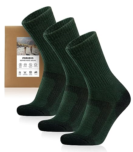 FORVEVO 3 Paar Merinowolle Socken Herren 43-46 Grün, 60% Merino Winterscoken Anti-blasen, Thermosocken, Wandersocken für Trekking Outdoor von FORVEVO